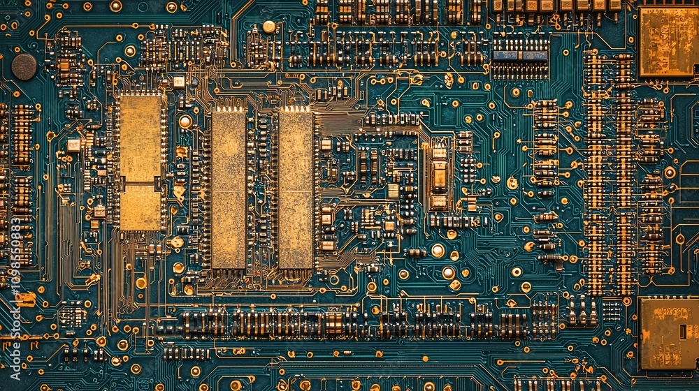 Poster detailed close-up view of a computer chip showing intricate designs and visible transistors on a cir