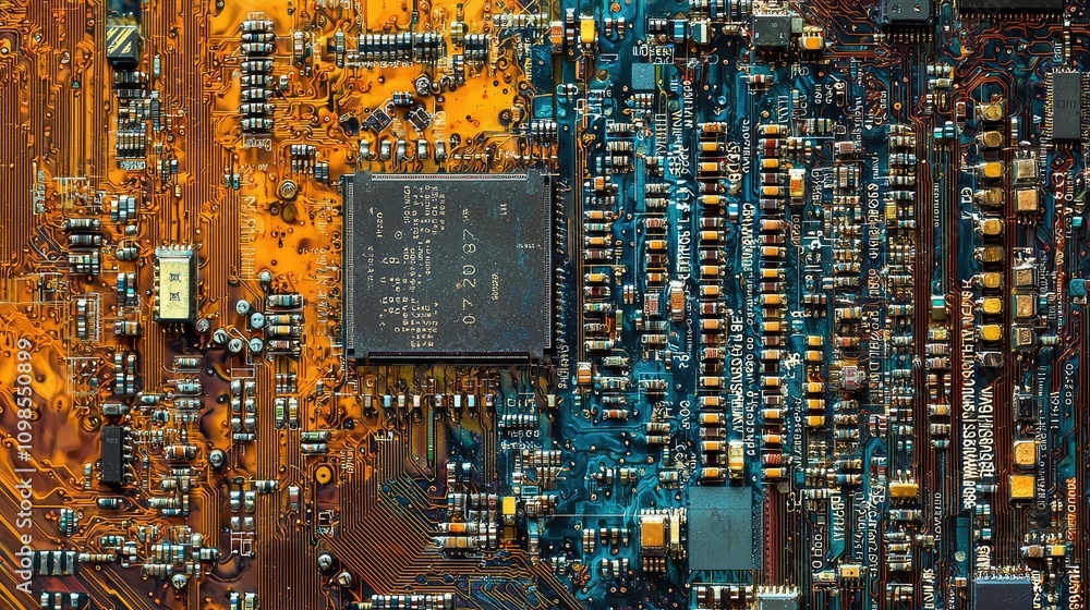Poster detailed view of a computer chip with visible transistors and circuitry for technology, electronics,