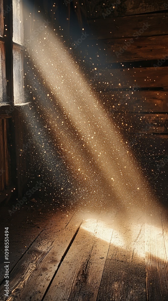Poster dust particles caught in a ray of light streaming through an old rusty window in a weathered wooden 