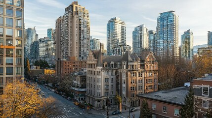 Naklejka premium A Captivating View of Downtown Mixed Architecture Showcasing Old and Modern Structures in an Urban Landscape at Sunset