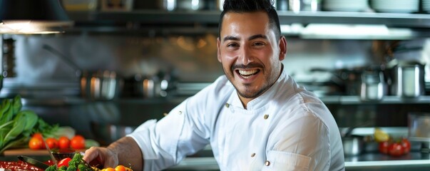 Fototapeta premium A smiling chef in a modern kitchen cooks with fresh ingredients, blending skill and joy as he prepares a dish, capturing the art and passion of culinary creation