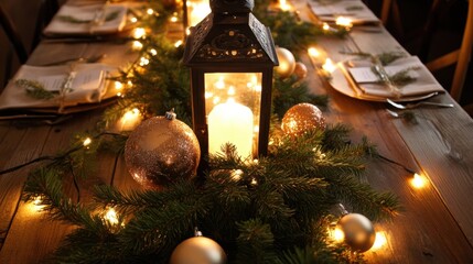 festive holiday table centerpiece with a vintage lantern, pine branches, candles, and ornaments, placed on a rustic wooden table