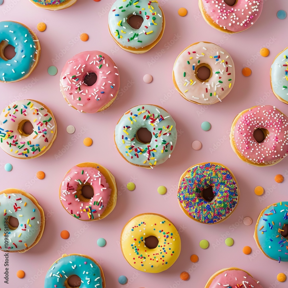 Poster a vibrant assortment of donuts with colorful icing and sprinkles arranged on a pink background, crea
