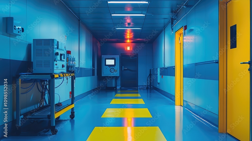 Poster emergency preparedness in a radiation detection facility with monitoring equipment in a technologica