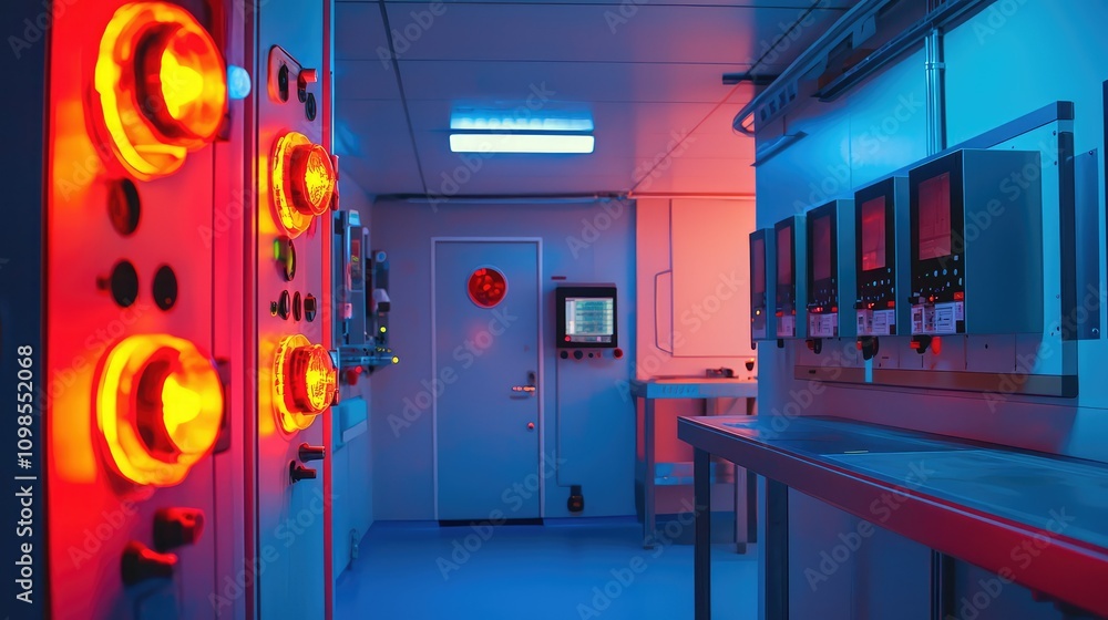 Poster high-tech emergency radiation detection room with monitoring equipment in a modern control center wi