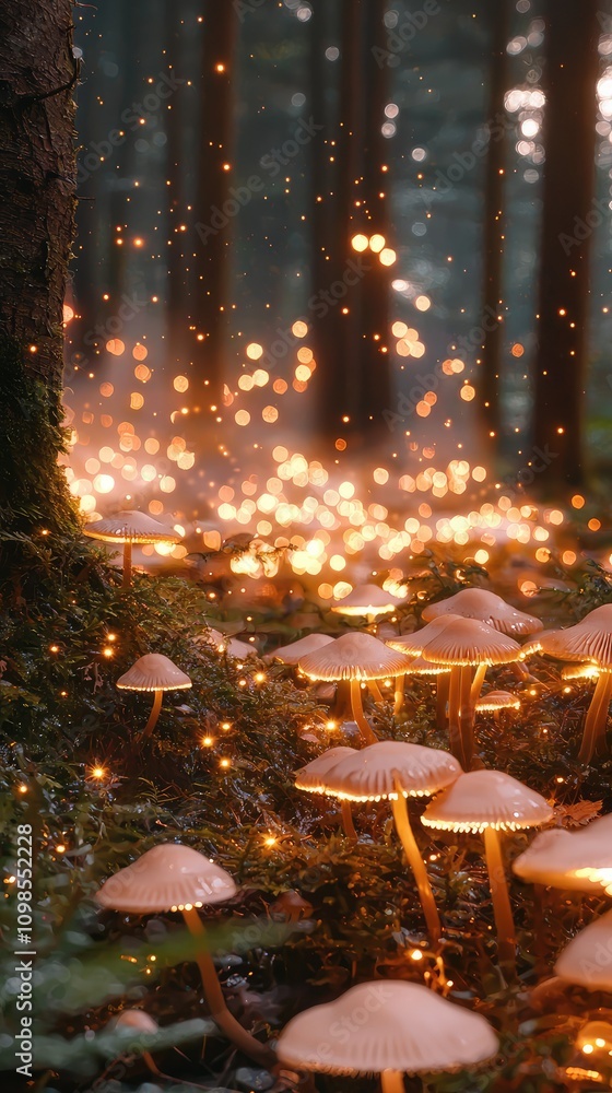 Poster enchanting forest scene with glowing mushrooms surrounded by sparkling lights and mystical atmospher