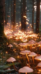 Obraz premium Enchanting Forest Scene with Glowing Mushrooms Surrounded by Sparkling Lights and Mystical Atmosphere in a Captivating Natural Setting