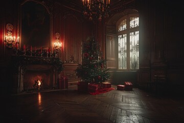 Fototapeta premium Charming christmas gift boxes arranged neatly by the festive tree in a cozy room setting