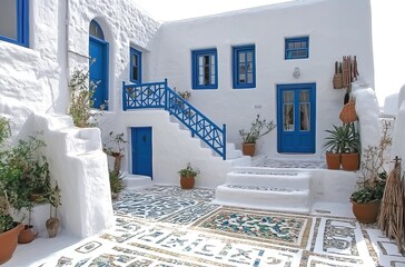 A traditional Greek house with white walls, blue windows and doors, decorated in the style of Mykonos.