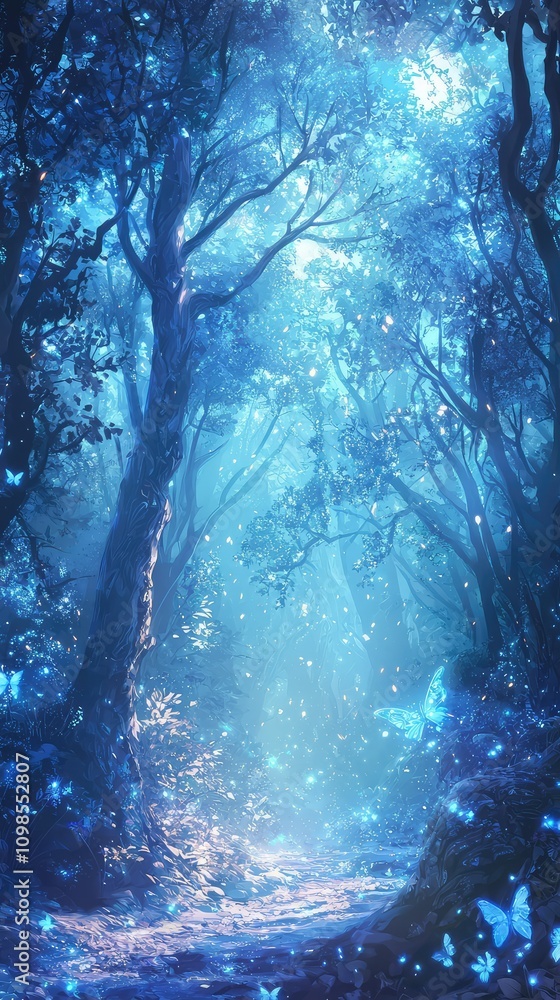 Poster enchanting ethereal forest filled with silver trees and sparkling blue light, creating a magical atm
