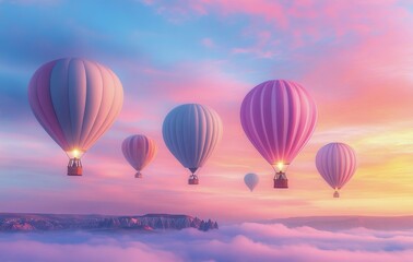 Fototapeta premium Colorful hot air balloons floating at sunset over a tranquil landscape in the countryside