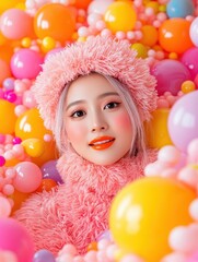 Fototapeta premium Playful Vibrant Scene of Content Creator with Orange Lips Surrounded by Colorful Balls