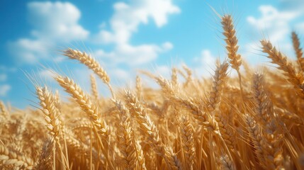 Fototapeta premium Golden wheat fields stretching under a bright blue sky filled with soft white clouds