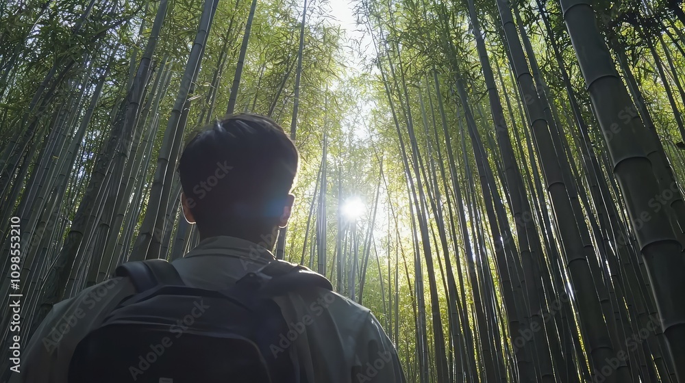 Poster exploring a dense bamboo forest with sunlight filtering through the tall stalks in a serene natural 
