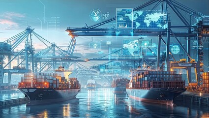 A futuristic port scene featuring cargo ships with a digital interface overlay, highlighting maritime technology and innovation.
