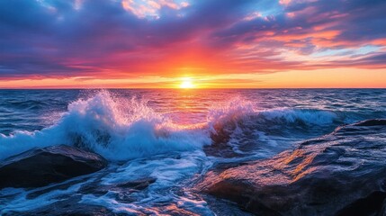 Fototapeta premium Vibrant Sunset Over Ocean Waves Crashing Rocks