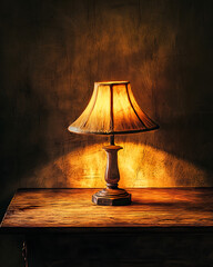 A vintage lamp casting soft shadows on an antique wooden table, with the light glowing in warm tones and emphasizing the texture of the wood 