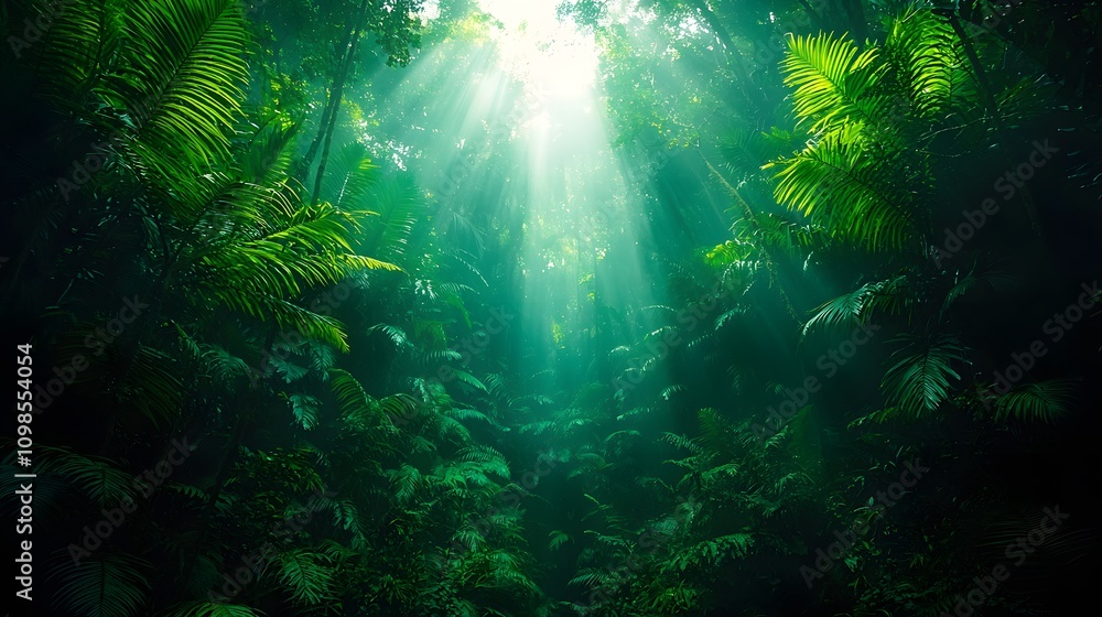 Poster Lush Green Rainforest with Sunlight Filtering Through the Canopy Creating a Mystical and Serene Atmosphere in a Tropical Paradise