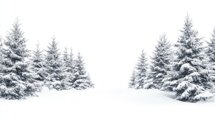 Obraz premium A peaceful winter scene featuring snow-covered pine trees against a pure white background, evoking tranquility and calm.