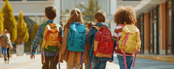 A group of children, viewed from behind, walk towards a school building, each carrying a backpack. The photo highlights togetherness, friendship, and the start of a school day
