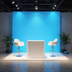 A trade show booth with a central white podium or counter, accompanied by two minimalist white chairs