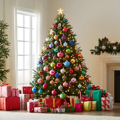 A beautifully decorated Christmas tree with sparkling lights and colorful