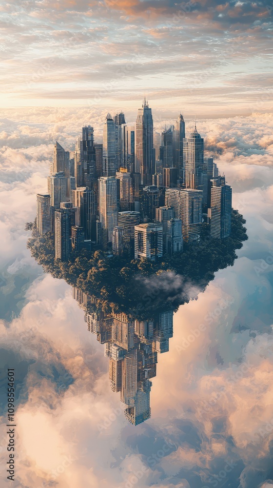Poster enchanting floating city in the sky: a futuristic fantasy architecture surrounded by clouds and merg