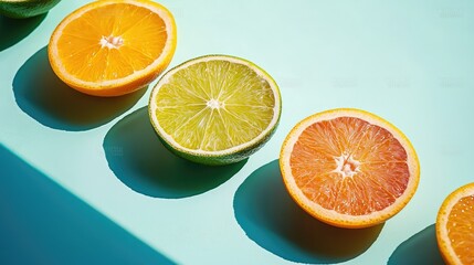 Fototapeta premium Fresh Orange and Lime Slices on Bright Summery Background - Vibrant Citrus Fruits for Refreshing Summer Drinks and Recipes