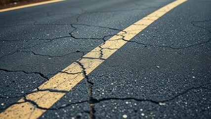 Fototapeta premium A cracked asphalt road surface with a yellow line running through the center, showcasing the wear and tear of time.