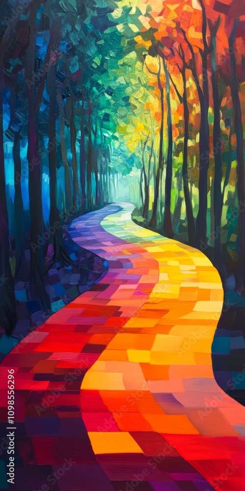 Poster a vivid abstract painting of a forest pathway with colorful geometric patterns, surrounded by lush t