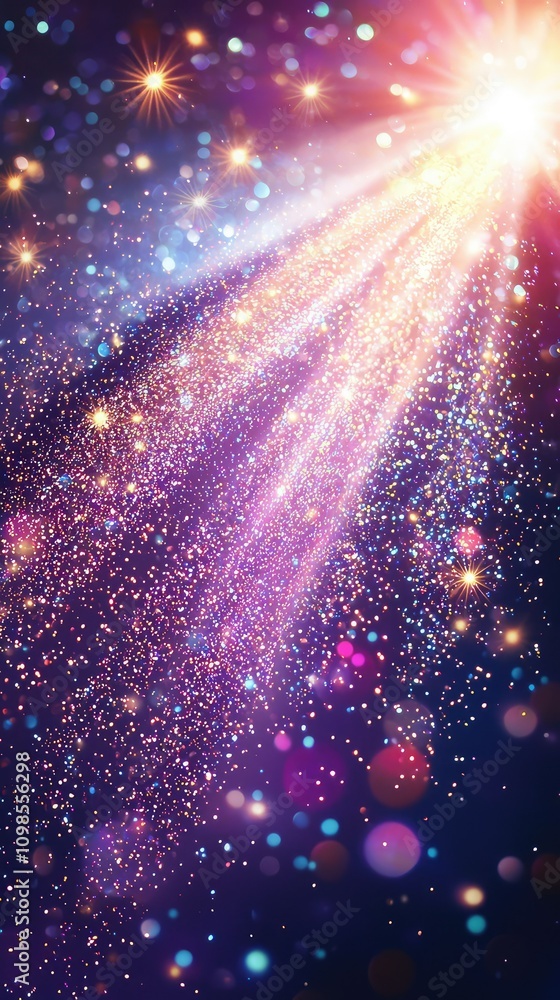 Poster Bright Glittering Particles Floating in the Air, Illuminated by Radiant Light, Creating a Magical Sparkling Effect in the Dark Background