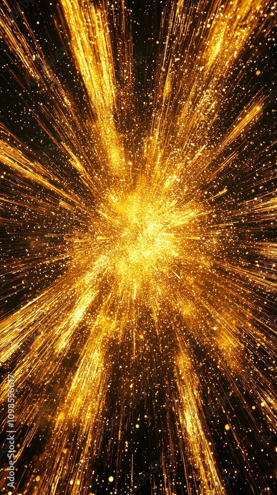 Poster golden burst of particles streaming outwards in a dramatic explosion of light and color, creating an