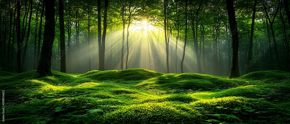 Poster serene sunlight filters through lush green canopy in enchanting forest landscape with gentle light r