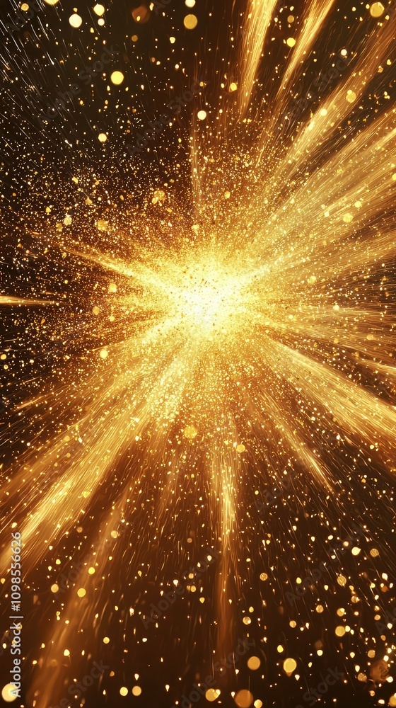 Poster burst of golden particles streaming out in a dynamic display of light and energy creating a stunning