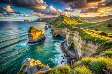 Obraz premium Majestic Coastal Views with Rugged Cliffs and Rocky Formations Under a Dramatic Sky during Sunset at a Picturesque Farewell Cape