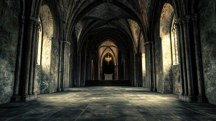Fototapeta premium Majestic Gothic Temple Interior Featuring Large Pointed Arches, Dramatic Lighting, and an Air of History and Mystery in an Expansive Space