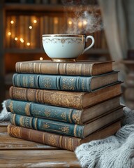 Naklejka premium Cozy Books with a Steaming Cup of Tea
