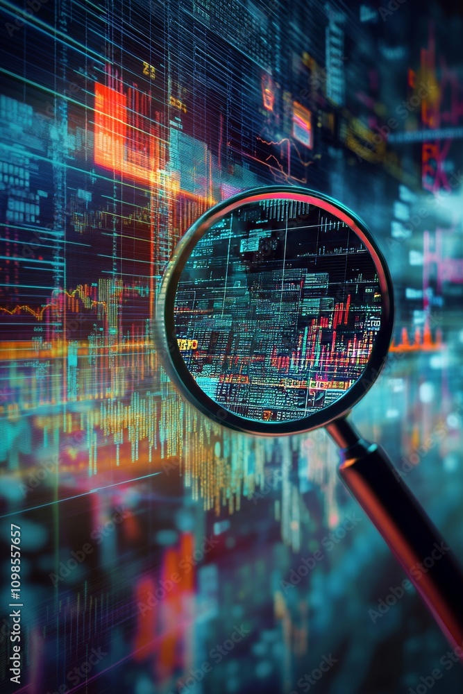 Aufkleber magnifying glass focusing on digital data with financial graphs and charts on a futuristic screen, s