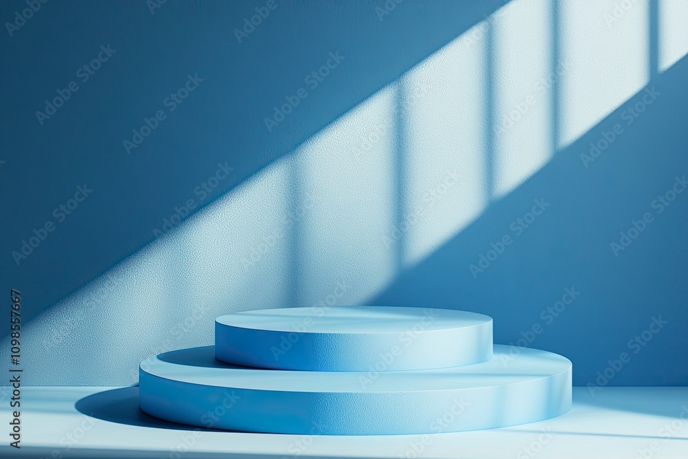 Poster blue background for product presentation with shadows and light. empty podiums. mockup.
