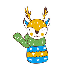 Cute baby Christmas deer in green scarf and winter sweater with snowflakes. Colorful vector isolated illustration hand drawn doodle. New Year time, holiday vibe. Card, poster or icon