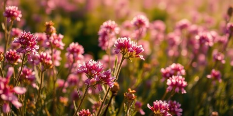 A delicate cluster of soft pink wildflowers bathed in golden sunlight, showcasing the beauty of nature's intricate detail