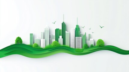 Fototapeta premium A minimalist white background with a green city skyline, highlighting urban sustainability and green architecture, Simplified flat paper art illustration of