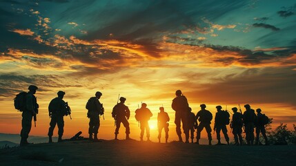 Fototapeta premium Group of Soldiers Silhouetted Against a Vibrant Sunset Preparing for Mission in a Military Context with Dramatic Skies and Dynamic Lighting