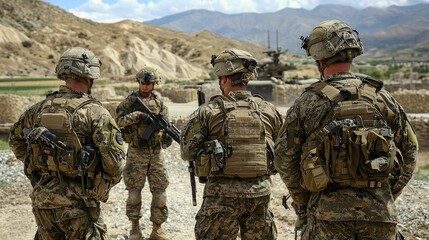 Fototapeta premium Group of Soldiers Preparing for Mission in Military Setting, Engaged in Tactical Planning Amidst Rugged Terrain Under Clear Skies