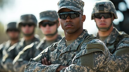 Fototapeta premium Group of Determined Soldiers Standing Together with Confidence and Unity, Showcasing Strength and Composure in a Military Setting, Displaying Camaraderie and Commitment to Duty