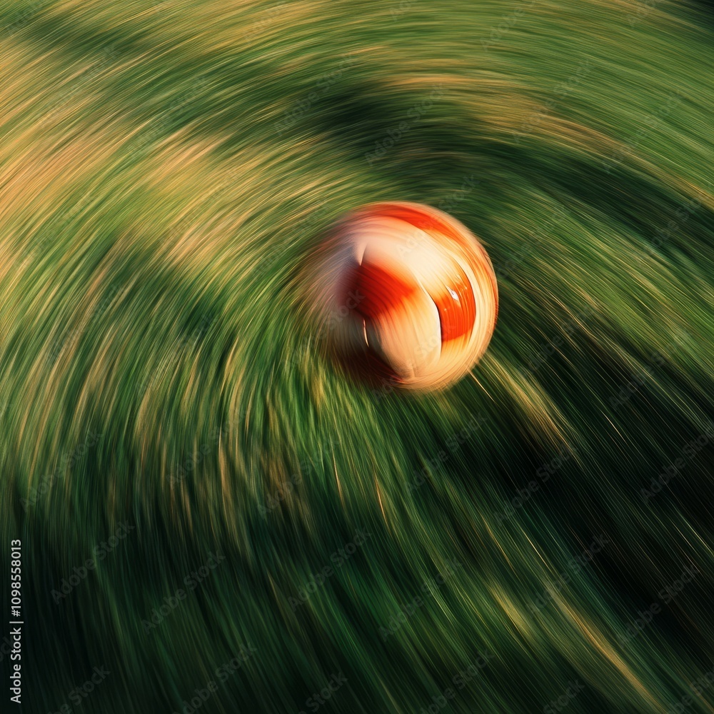 Poster A soccer ball in motion with a blur effect on a green grass field, showcasing speed and dynamic movement.