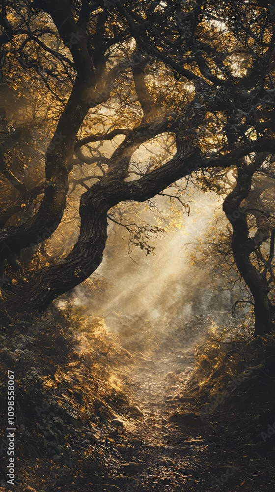 Poster mysterious haunted forest with twisted trees and ethereal light rays illuminating a serene pathway s