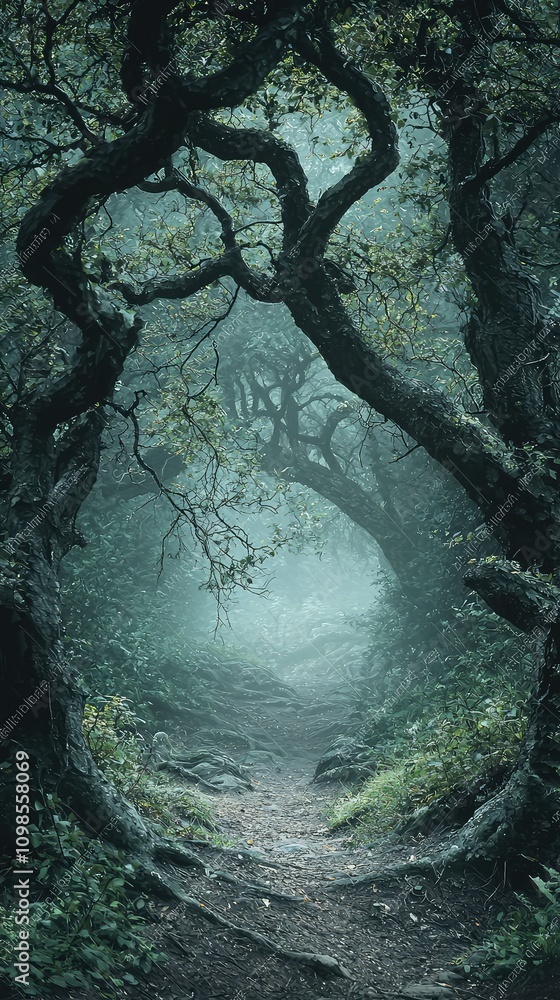 Poster Enigmatic Forest Pathway through Twisted Trees Revealing a Hauntingly Mysterious Atmosphere in a Misty Background