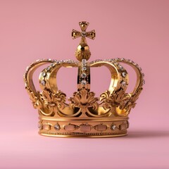 Gold king or queen crown on pink background close up.