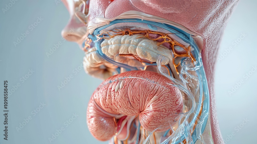 Poster detailed anatomical illustration of the human bladder and urinary tract system with emphasis on stru